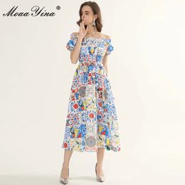 Fashion Designer dress Summer Women's Dress Puff Sleeve Classic Blue and white porcelain Print Vacation Dresses 210524