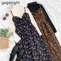 Women Two Pieces Set Vintage Floral Spaghetti Strap Dress+Solid Half Turtleneck Pullover Tops Suit Femme Outfits 210601