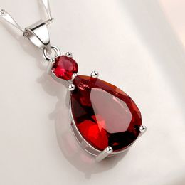 -Klassische rote Kristall Rubin Edelsteine ​​Diamanten Wassertropfen Anhänger Halsketten Für Frauen 18 Karat Weißgold Fille Silber S925 Schmuck