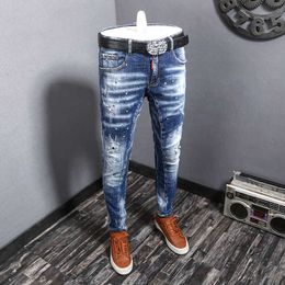 Fashion Streetwear Men Jeans Retro Blue Elastic Slim Fit Ripped Cotton Denim Pants Hombre Painted Designer Hip Hop Long Trousers YA36