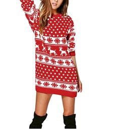 Women Dress Christmas Elk Pattern Printed Full Length Regular Sleeve Round Neck Loose Elegant Fashion Clothing 210522