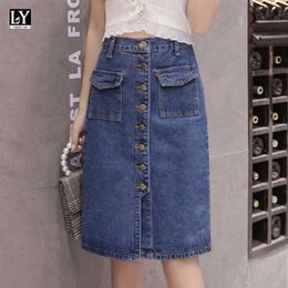 LY VAREY LIN Spring Summer Women Casual Single Breasted Denim Skirts Vintage High Waist A Line Mid Length Female 210526