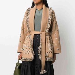 Jastie Retro Bandana Kaşmir Hırka Ceket Kadın Püskül Yaka Kemer Uzun Kollu Sonbahar Kış Kazak Palto Moda 210419
