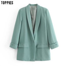 Toppies Women Long Jacket Rolled Sleeve Blazer Femenino Suit Single Button Chaquetas White Coat 210930