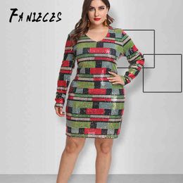 women casual sexy Geometric sequin dress female long sleeve pencil dresses lady big plus size elegant drop 210520