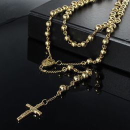 Chains 4/6/8mm Rosary Jesus Christ Cross Pendant Necklace Gold Tone Stainless Steel Bead Long Chain Women Men Fashion Jewellery