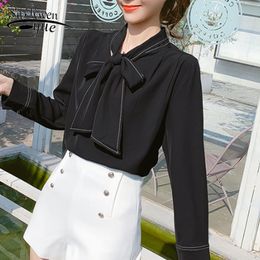 Fashion Women Chiffon Blouses Office Lady Long Sleeve Bow Casual Clothing White and Black Tops 5395 50 210508