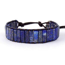 High End Tube Shape Lapis Lazuli Single Leather Wrap Bracelets Vintage Weaving Beaded Cuff Bracelet Bijoux Drop