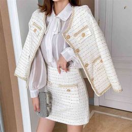 Autumn Winter Tweed Two Piece Outfits Set Fashion Woollen Jacket Coat + Elegant A-Line Skirt Suits Women 210514