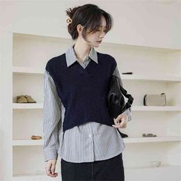 Autumn Korea Fashion Women Long Sleeve Loose Turn-down Collar Shirts Fake Two Piece Knitted Patchwork Casual Blouses V8 210512