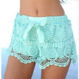 Women's Shorts 2021 Fashion Women Summer Lace Hollow Out Drawstring Casual Short Solid Plus Size S-2XL