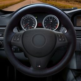 Car Steering Wheel Cover Hand-Stitched Soft Black Genuine Leather Suede Wrap For BMW M Sport M3 E90 E91 E92 E93 E87 E81 E82 E88213G