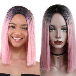 ombre bobs for black women Canada - Synthetic Wigs Short Bob Straight Ombre Pink Cosplay Perruque For Black American Women Colorful Hair Heat Resistant Fiber