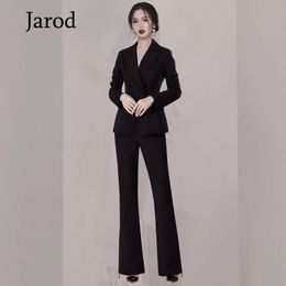 Fashion Business Pant 2 Two Pieces Office Formal Double Breasted Jacket and OL Long Pant Black Blazer Set Women Suits 210518