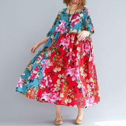 Johnature Vintage Dress Patchwork Print Floral Robes Plus Size Women Cloths Summer O-Neck Short Sleeve Korean Dress 210521