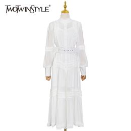 White Patchwork Ruffle Dress For Women Stand Collar Long Sleeve High Waist Sashes Elegant Dresses Female Fashion 210520