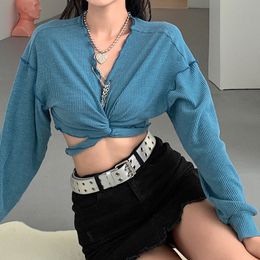 Foridol lace up ruffle blue crop top blouse women long sleeve chain v neck blouse shirt vintage knitted ribbed tops winter 210415