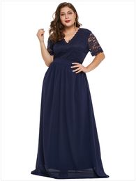 Plus Size V Neck Mother Of The Bride Dresses A Line Lace Chiffon Long Formal Evening Gowns Dark Navy Wedding Guest Dress