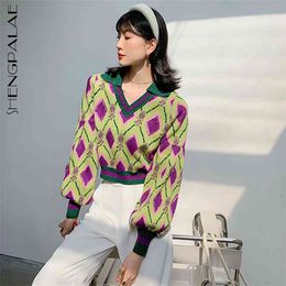 SHENGPAPALE Temperament Argyle Jacquard Sweater Women's Spring Lapel Lantern Sleeve Knitted Pullover Tops Female 5B737 210427