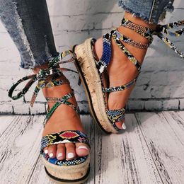 Sandals Summer Beach Women Snake Pattern Platform Cross Strap Ankle Sandal Lace Peep Toe Sexy Party Lady Shoes Zapatos De Mujer