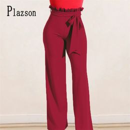 Plazson Autumn Winter Women Belted Palazzo Pants Loose Long Pant High Waist Wide Leg Trousers Streetwear Pantalones 210925