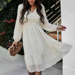 Summer Holiday solid retro embroidery midi dress womens long sleeve high waist beach spring causal a-line es vestido 210508