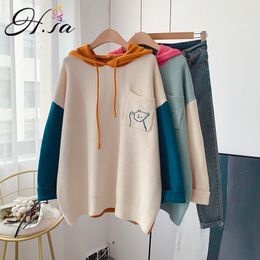 H.SA Women Winter Clothes Sweaters Cartoon Patchwork Knitted Pullovers Pocket Hooded Pullover Knitwear ropa mujer 210417