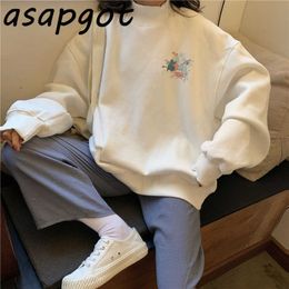 Hoodies Women Printed Turtleneck Warm Plus Velvet Oversize Kawaii Simple Females Pullover All-match Korean Style Casual Ulzzang 210610