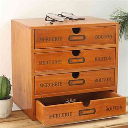 Desktop Wooden Box with Drawer Vintage Countertop Chest Of Drawers Jewellery Cosmetics Organiser Home Decoration Accessories 210922