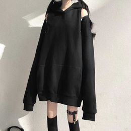 Korea Harajuku winter long-sleeved dark punk ins Japanese gothic strapless Vintage female plus size sweatshirt 210608