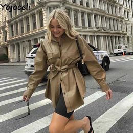 Yojoceli casual cool leather coat jackets Autumn streetwear warm Winter sashes bow outerwear 210609