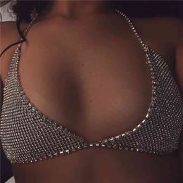 Celebrity Glitter Rhinestone Push Up Camis Trendy Sexy Off Shoulder See through Bikini Hollow Out Solid Crop Top Night Club 210401