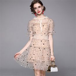 Women Summer Fashion Runway Midi Dress Short Sleeve Sequined Embroidery Ladies Slim A-Line Dresses 210603