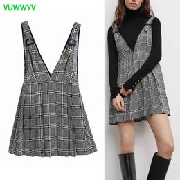 VUWWYV Plaid Pinafore Mini Dress Women Pleated Houndstooth Skirt Wide Adjustable Strap With Buckle Casual Ladies Dresses 210430