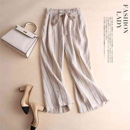 Arrival Spring Summer Women High Waist Cotton Linen Striped Wide Leg Pants All-matched Casual Loose Plus Size S593 210512