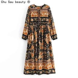 Autumn Women's Boho Style O-Neck Lace-Up Long Sleeve Positioning Flower Print Dress Skirt Vintage Female Chic 210514