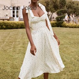 Jocoo Jolee Women Elegant Strap Lace Up Sundress Summer Boho Floral Print Split Long Dress Elegant Casual Midi Club Party Dress 210619