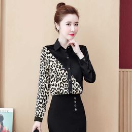 Fashion Spring Korean Print Long Sleeve Leopard Stitched Splice Shirts Women Plus Size Womens Tops and Blouses 8054 50 210527