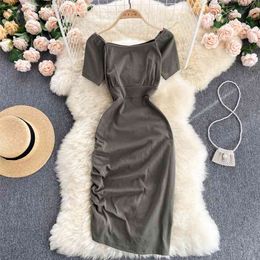 Summer Women Dress Square Collar Short Sleeved High Waist Folds Irregular Casual Female Party Fashion Streetwear 210603
