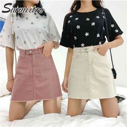 Plus Size S-5XL Mini Denim Skirt Women Spring Summer Korean style Pink White Black High Waist A line Female 210421