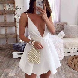 Summer Women White Sundress Spaghetti Strap Sexy Backless Mini Dress 210415