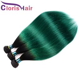 Pre-Colored Green Ombre Raw Virgin Indian Straight Weft Bundles Two Tone 1B Turquoise Human Hair Weave 3pcs Exquisite Sew In Extensions On Sale