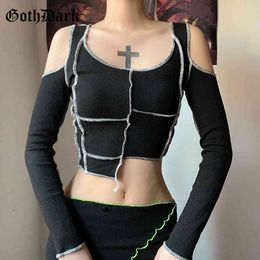 Goth Dark Patchwork Gothic T-shirts E-girl Hollow Out Sleeve Punk Style Autumn Crop Tee Slim Fashion Streetwear Autumn Women Top Y0508