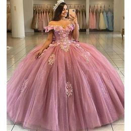 Charming Off The Shoulder Quinceanera Dresses Pink 3D Flowers Sweet 16 Ball Gown Vestido de Fiesta