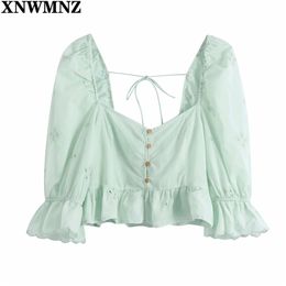 Summer Women Blouse Green Cutwork Embroidery Cropped Woman Short Puff Sleeve Ruffle Elastic Ladies Tops 210520