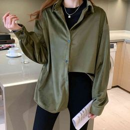 Long Sleeve Spring Winter Turn Down Collar thickened blouse Women Solid Color Brushed Casual Loose Cardigan Coat 355J 210420