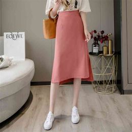 summer Women Fashion Solid Colour Split fork Skirt Korean style High waist loose Long skirt 210507
