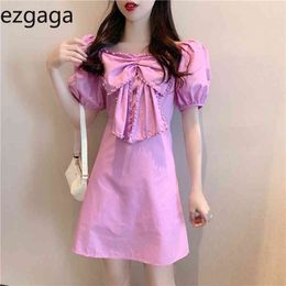 Ezgaga Elegant Bow Dress Women Short Puff Sleeve Summer Pearl Solid Square Collar Off Shoulder Sexy Mini Dress Elegant Korean 210430