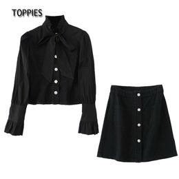 Toppies Vintage Black Denim Two Piece Set Women Long Sleeve Spliced Jean Shirt and Skirts Diamond Button Skirts Streetwear 210412
