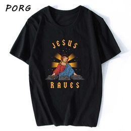 Jesus Raves Print Casual Mens T Shirts Fashion Harajuku Custom T-shirt Short Sleeve Tshirt Punk Oversized 's 210629